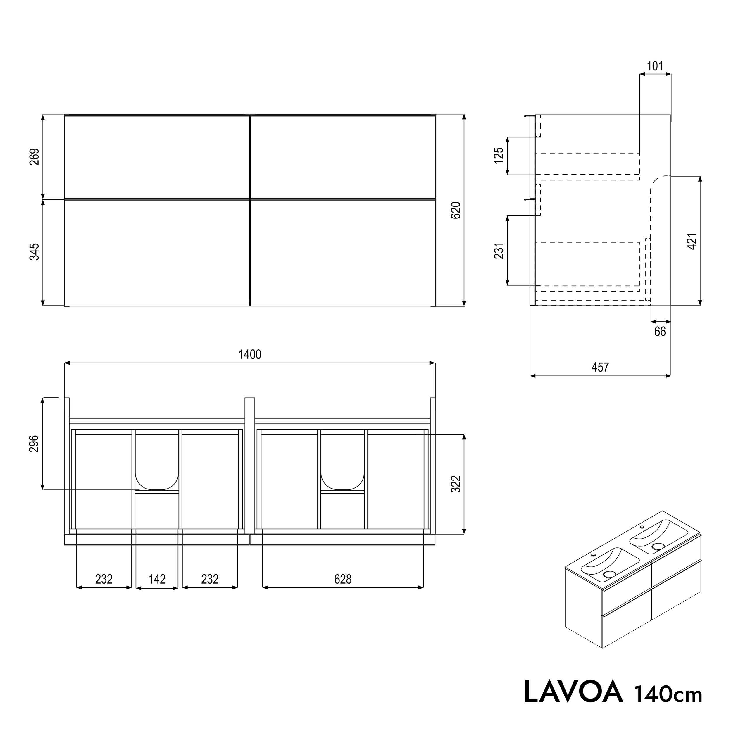 Armário de base LAVOA 140 cm com lavatório de mineral fundido CREAM - cor selecionável