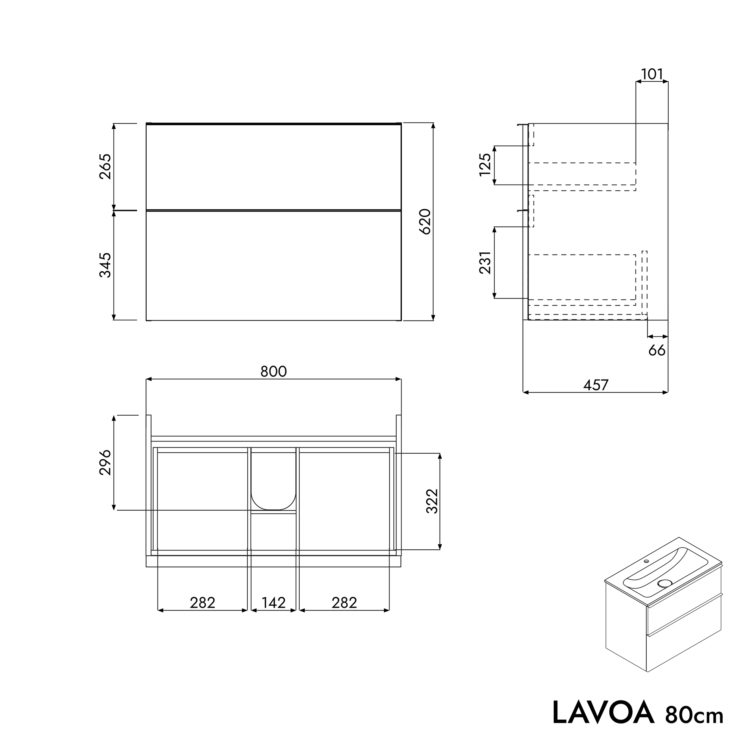 Armário de base LAVOA 80 cm com lavatório de mineral fundido CREAM - cor selecionável