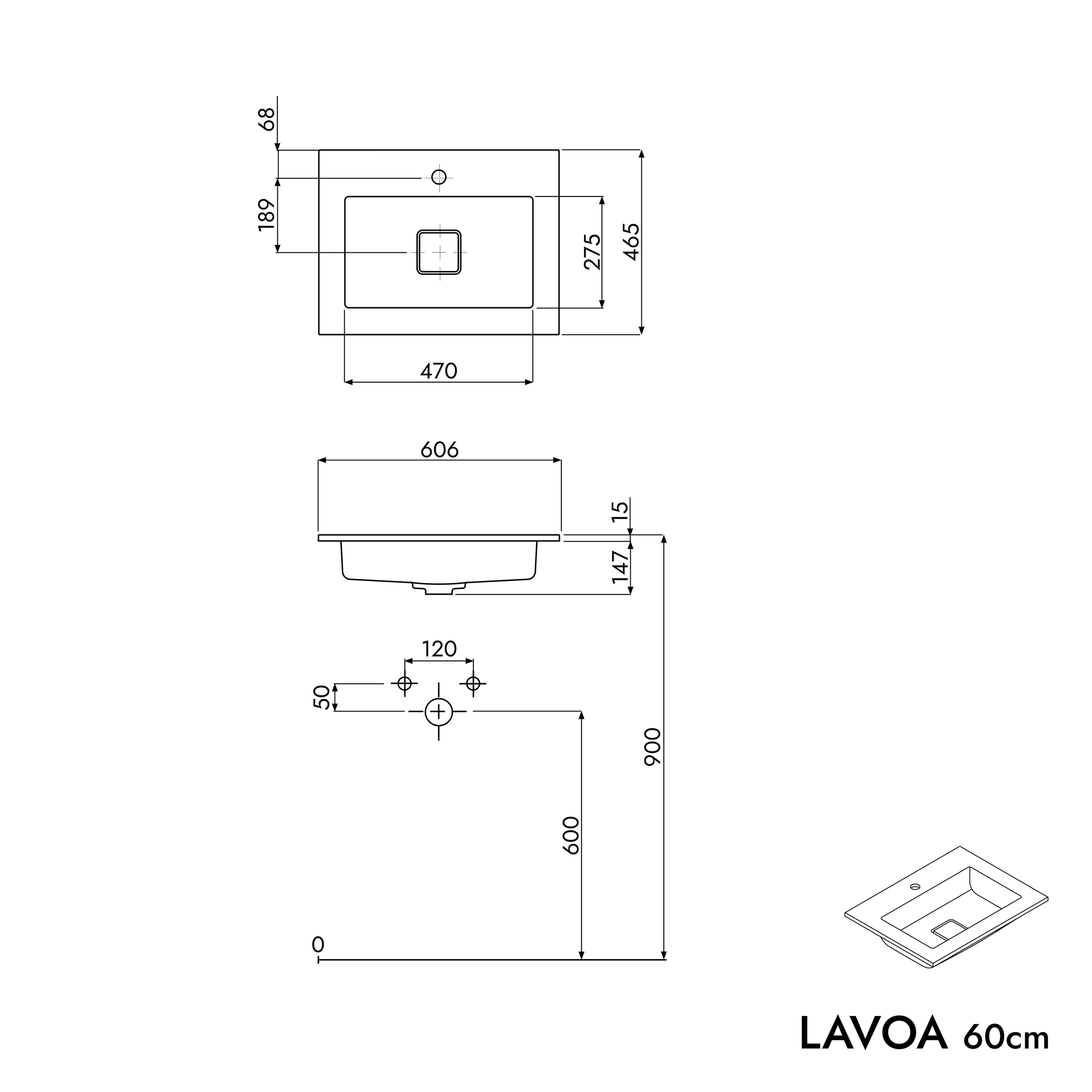 Armário de base LAVOA 60 cm com lavatório de mineral fundido BRUXELLES - cor selecionável