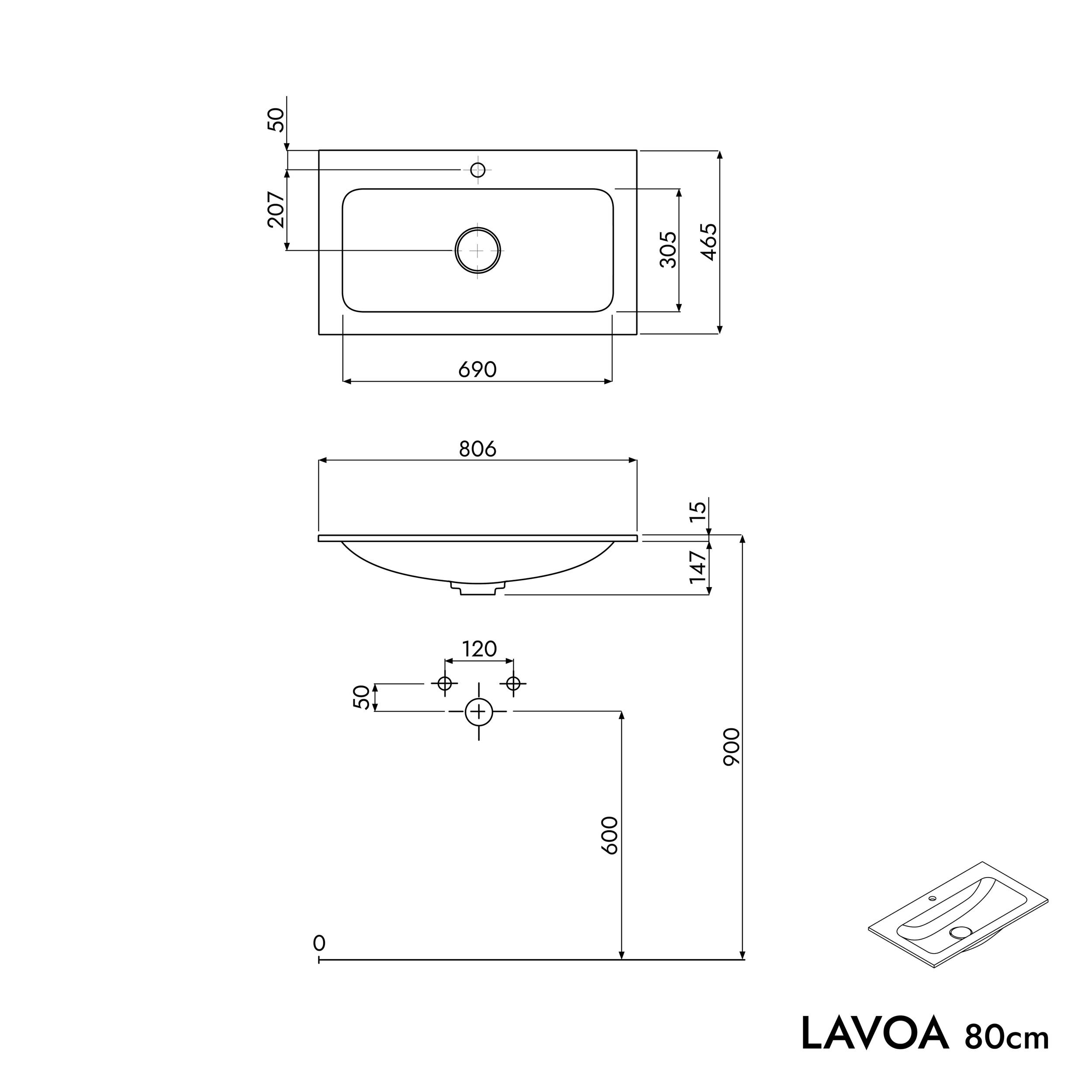 Armário de base LAVOA 80 cm com lavatório de mineral fundido CREAM - cor selecionável