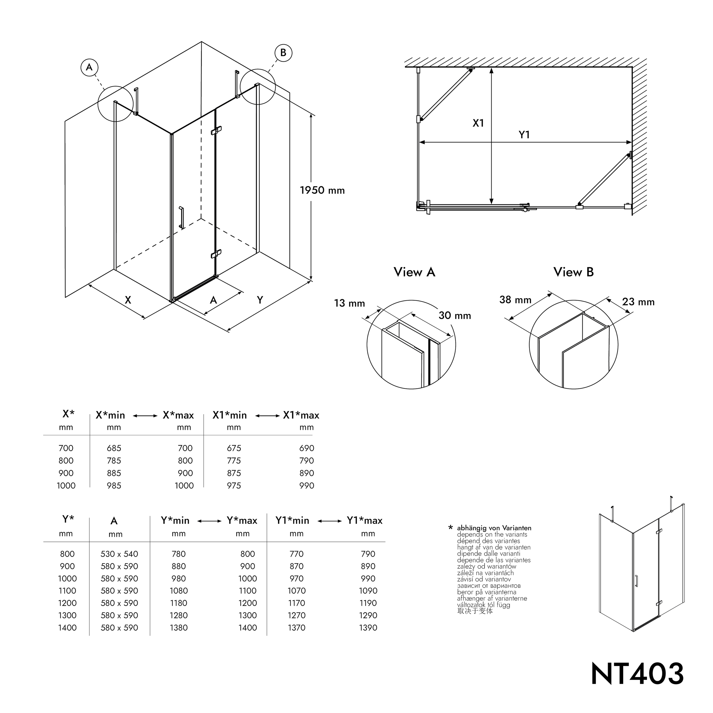 Chuveiro de canto com porta de giro no painel fixo NT403