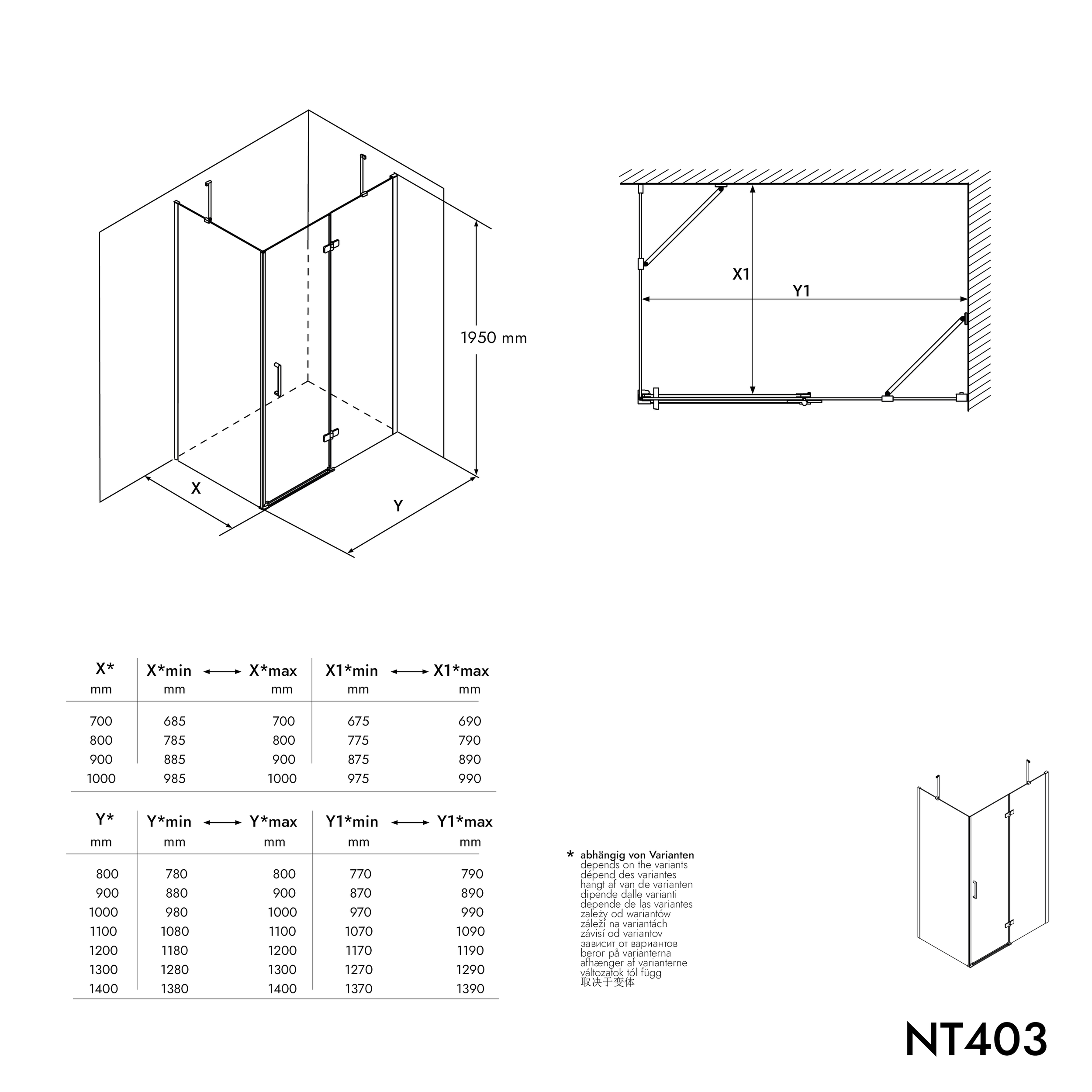 Chuveiro de canto com porta de giro no painel fixo NT403