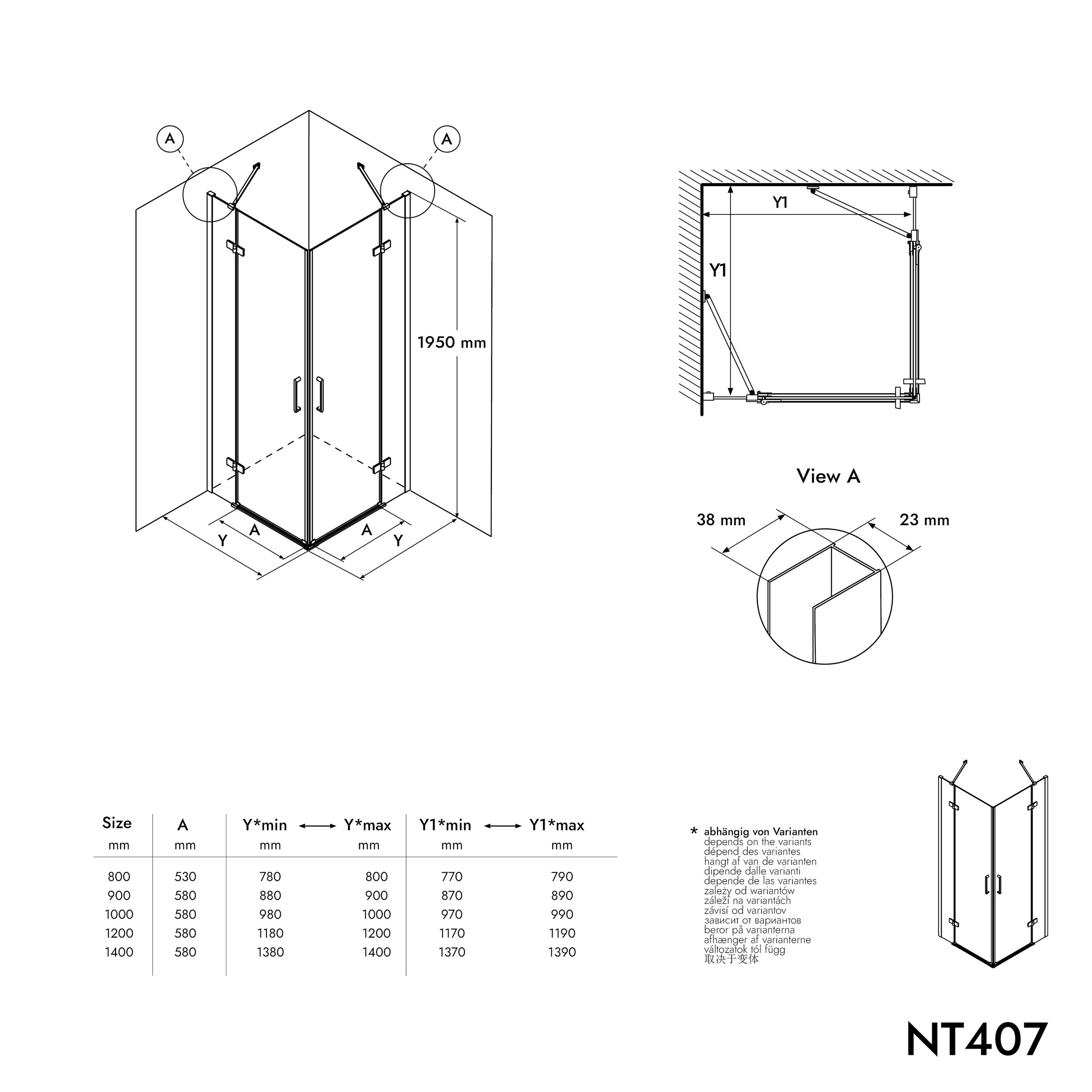 Chuveiro de canto com duas portas de giro em campo fixo NT407