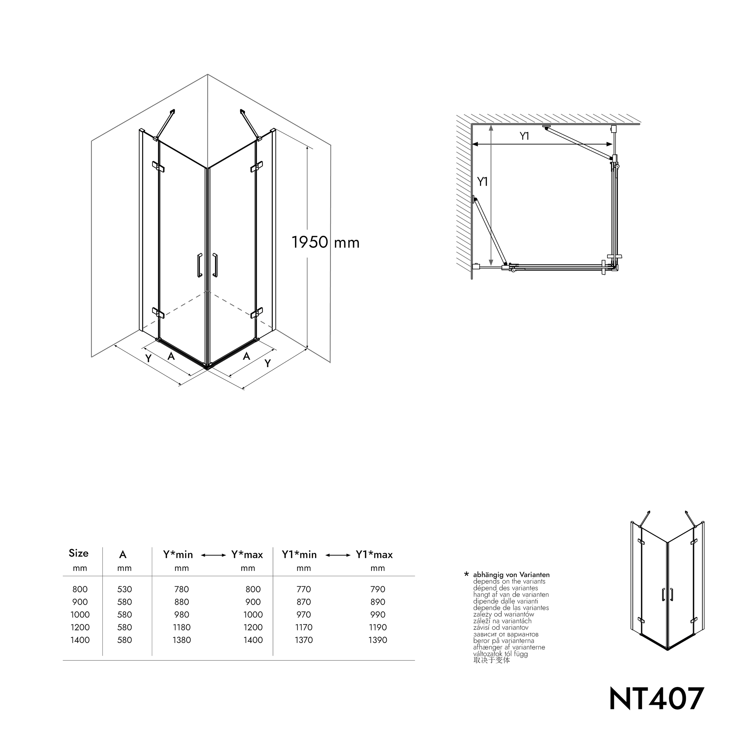 Chuveiro de canto com duas portas de giro em campo fixo NT407