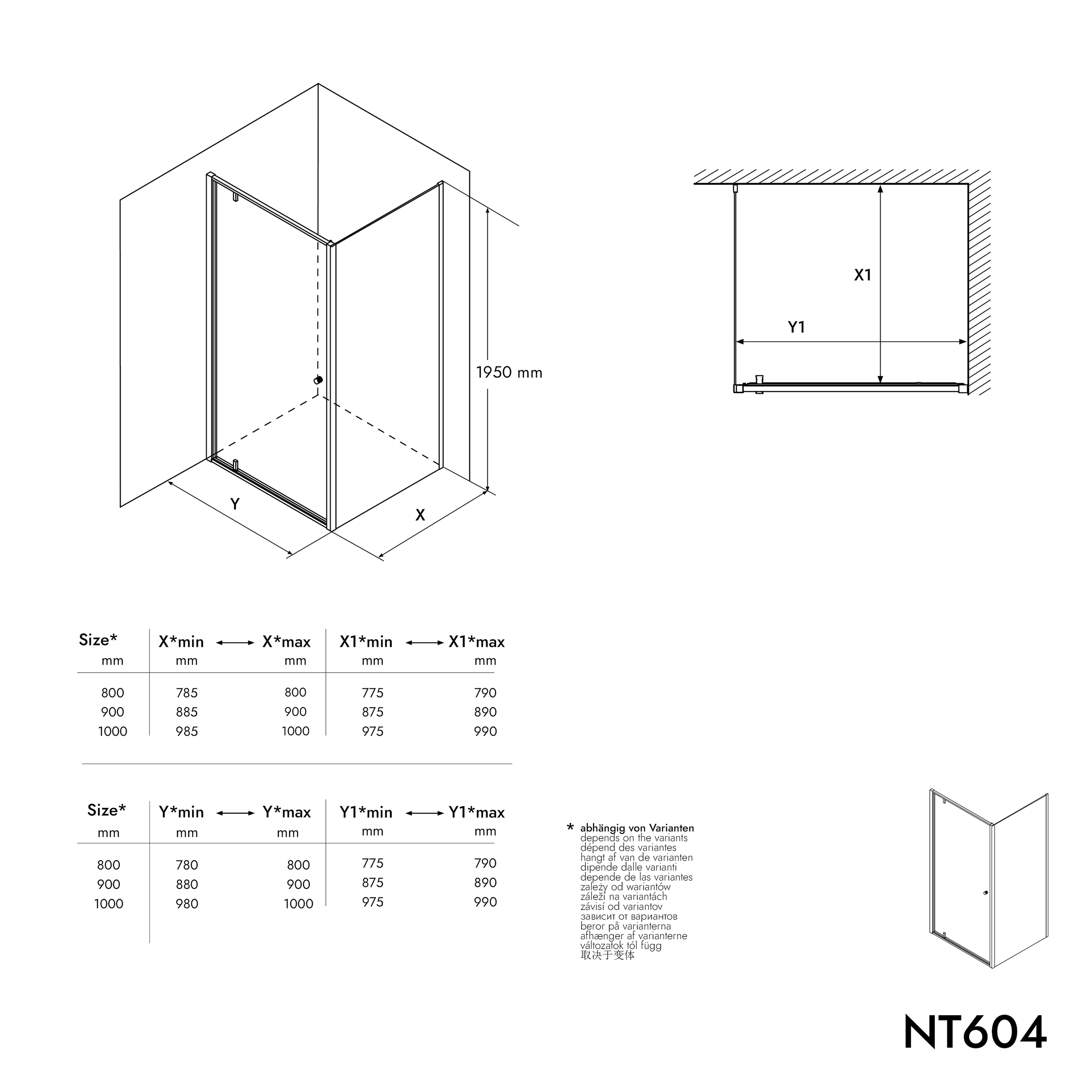 Duche de canto com porta giratória NT604 FLEX - vidro nano transparente de 6 mm - cor do perfil selecionável