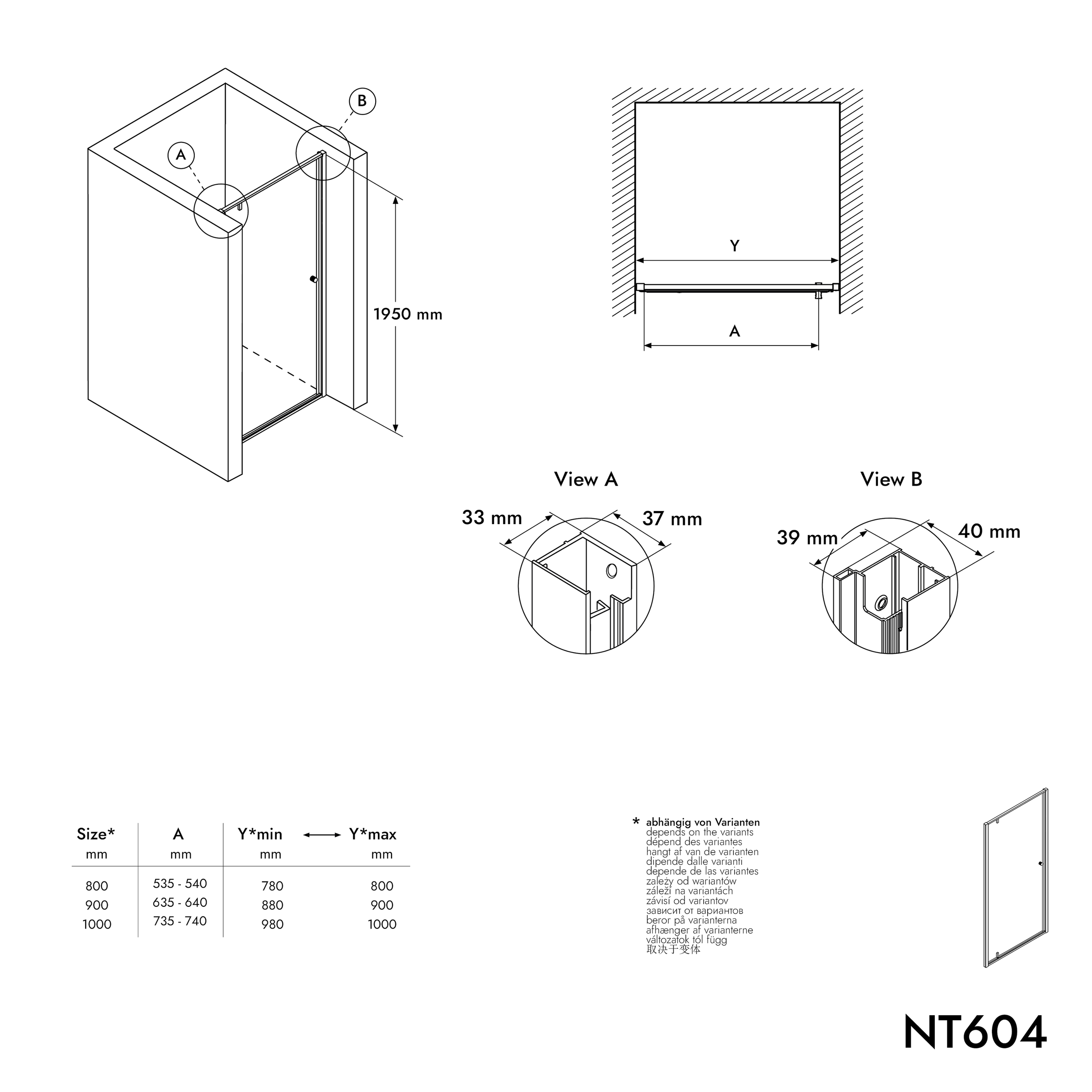 Duche de nicho com porta giratória NT604 FLEX - vidro nano transparente de 6 mm - perfil de cor selecionável