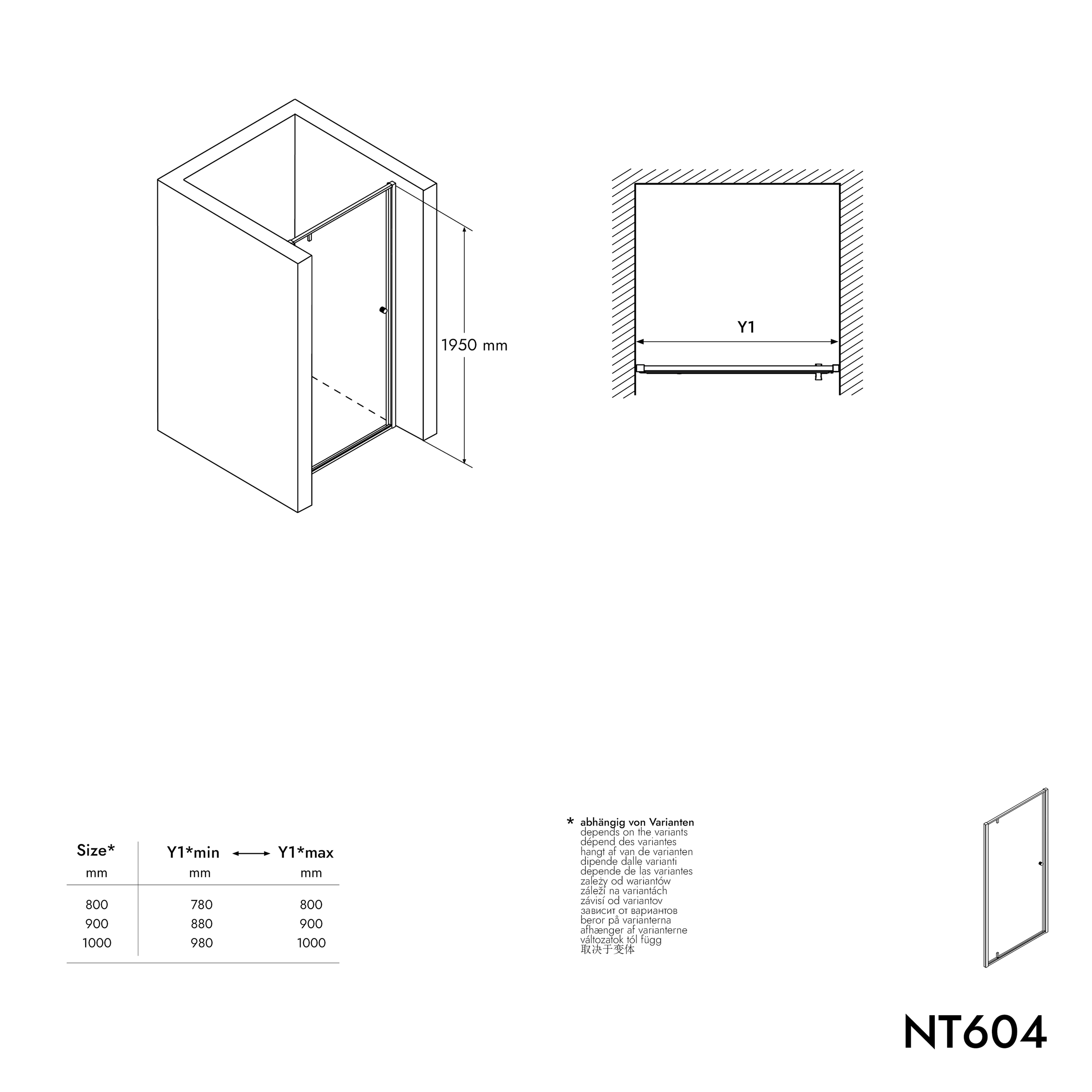 Duche de nicho com porta giratória NT604 FLEX - vidro nano transparente de 6 mm - perfil de cor selecionável