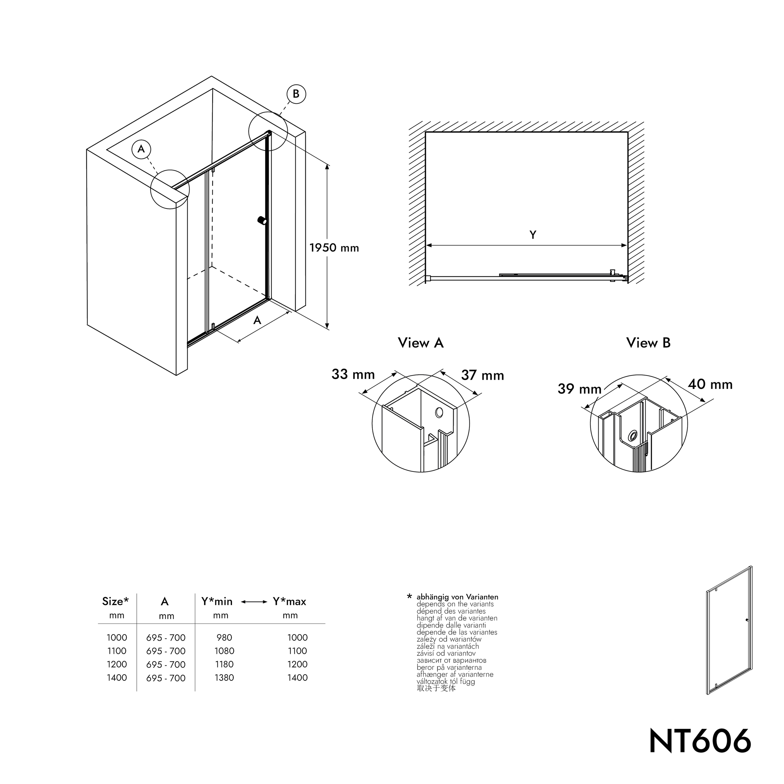 Chuveiro de nicho com porta articulada sobre painel fixo NT606 FLEX - vidro nano transparente de 6 mm - cor do perfil seleccionável