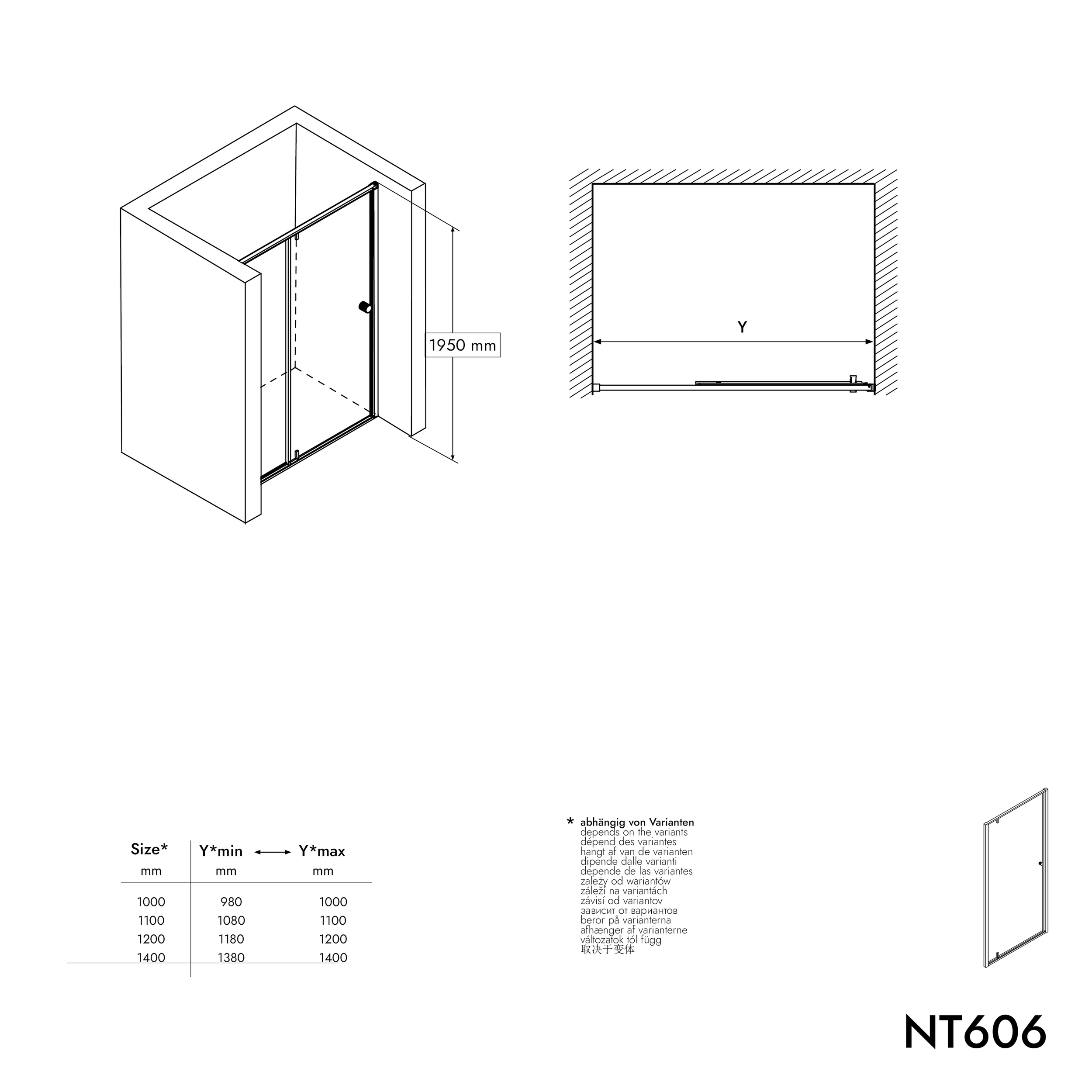 Chuveiro de nicho com porta articulada sobre painel fixo NT606 FLEX - vidro nano transparente de 6 mm - cor do perfil seleccionável