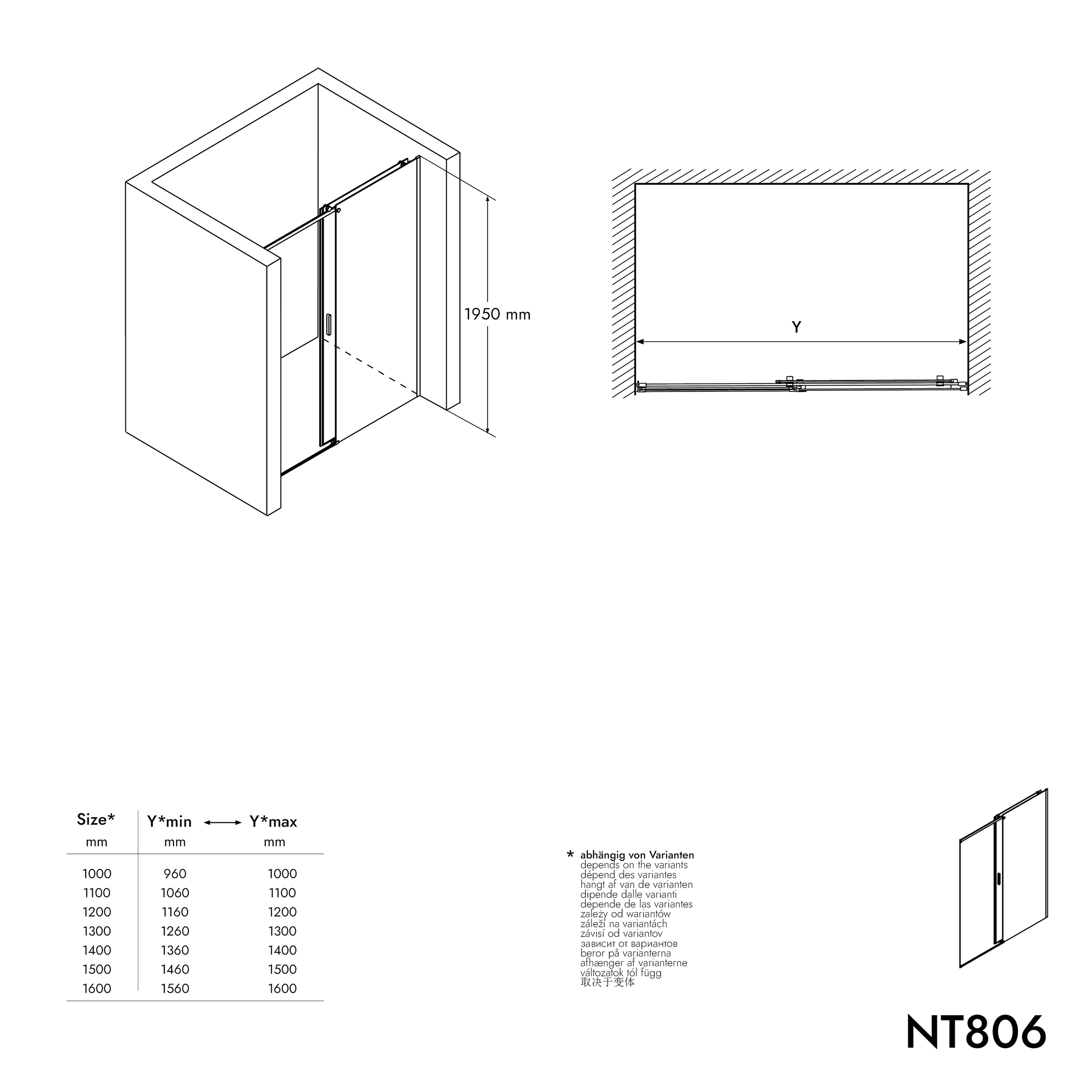 Chuveiro de nicho com porta deslizante NT806 FLEX Preto mate - Nano vidro cinzento - espessura do vidro seleccionável