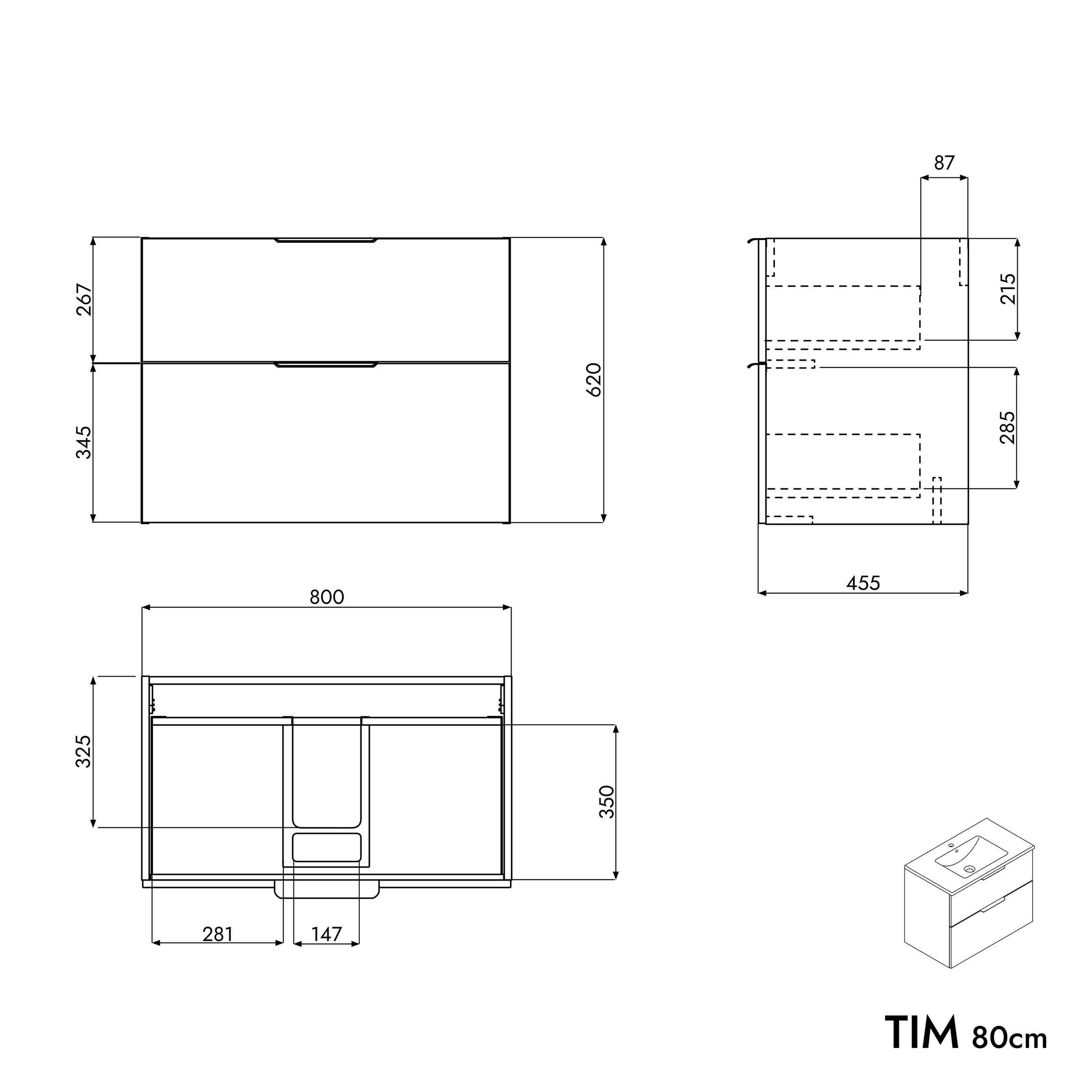 Conjunto de móveis de casa de banho TIM 80 cm com lavatório de cerâmica