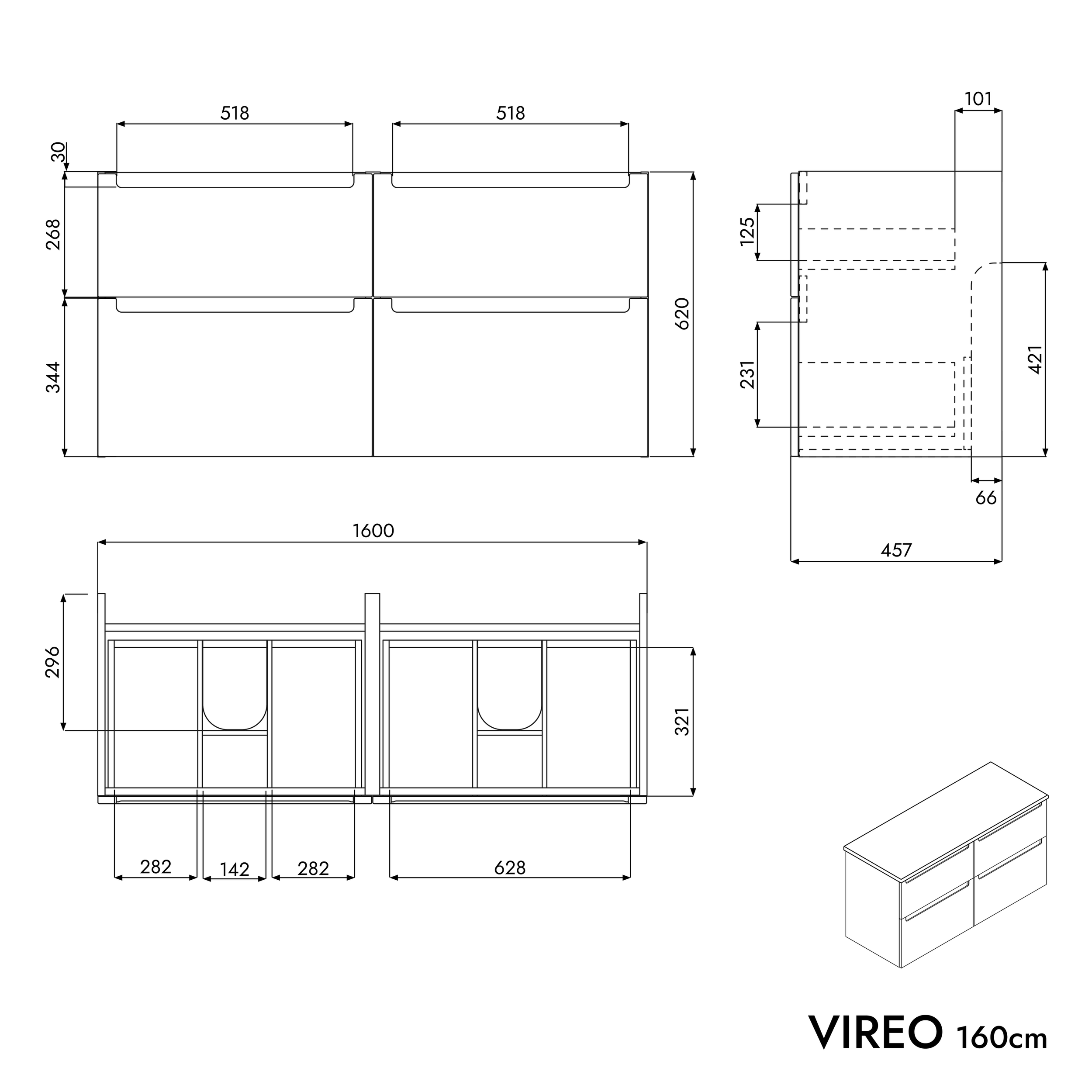 Móvel de casa de banho VIREO móvel de toucador 160 cm para lavatório de bancada