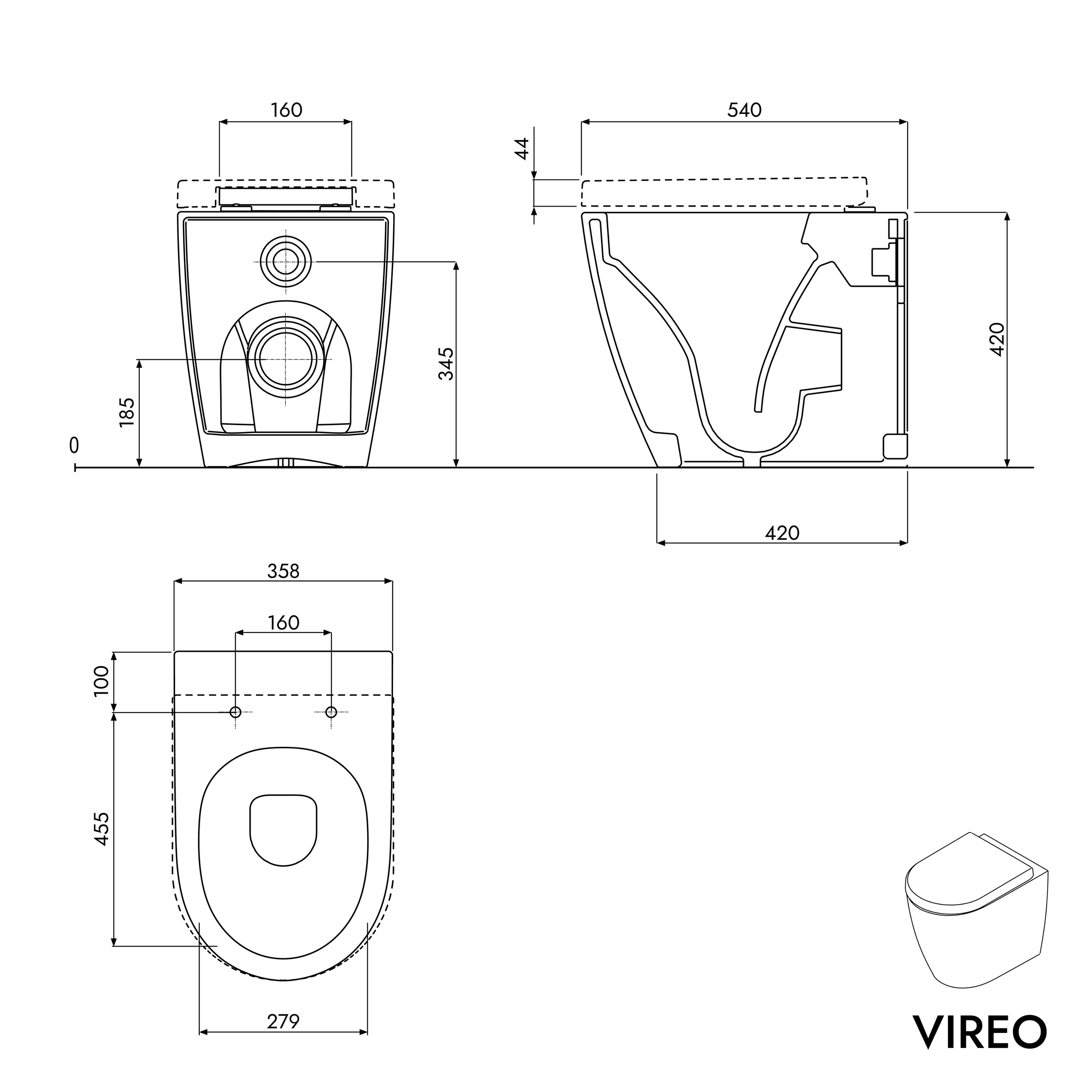 WC sem rebordo VIREO incl. assento de WC de fecho suave com mecanismo de fecho suave