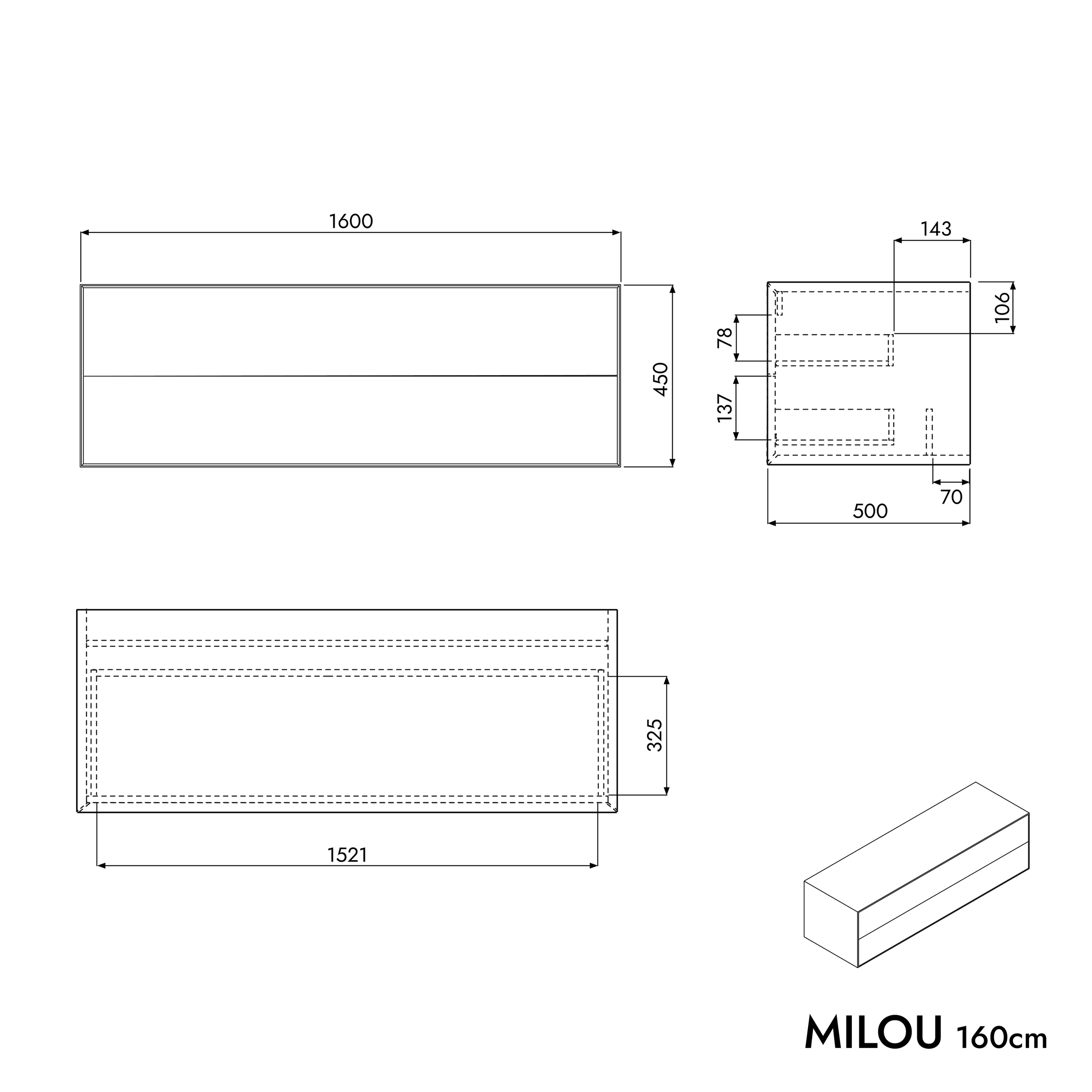 Móvel de toucador MILOU 160 cm para lavatório de bancada - 2 gavetas