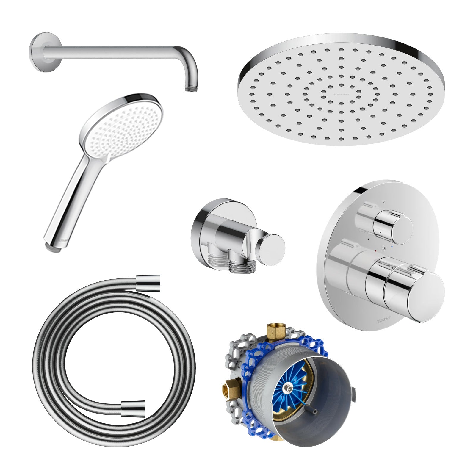 Sistema de duche encastrável Duravit C.1 com chuveiro de efeito chuva - incl. chuveiro de mão e cotovelo de ligação à parede