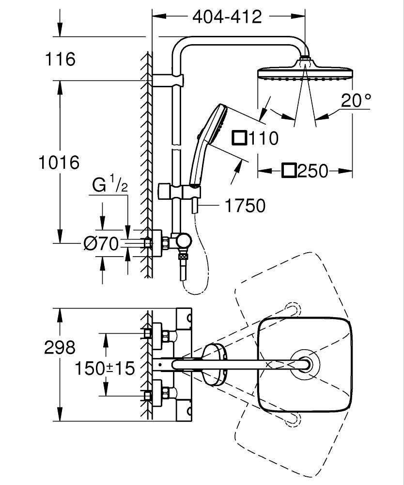 Sistema de duche GROHE Tempesta System 250 Cube com termóstato