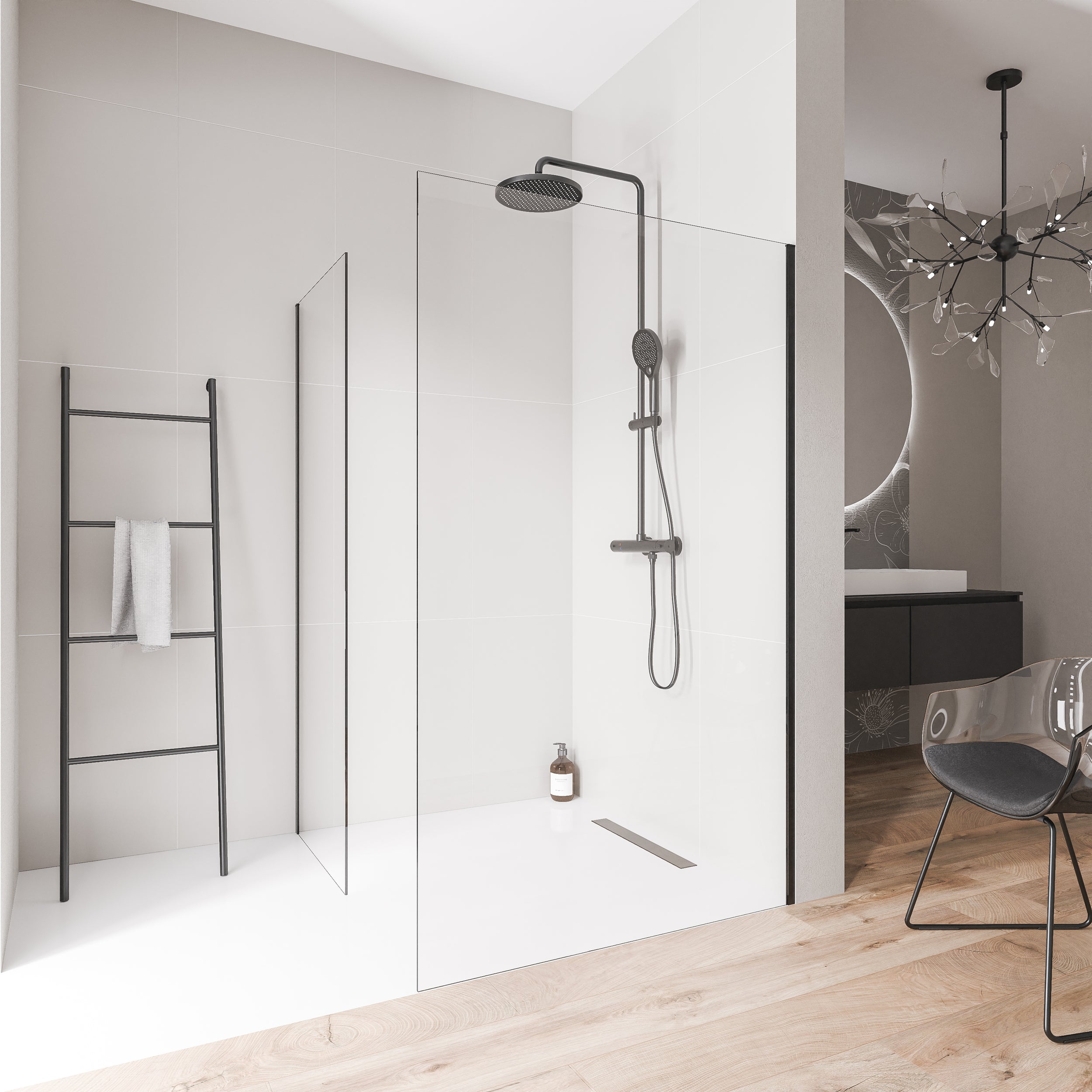 Cabina de duche Walk-in 10mm nano clear glass EX102 - 2 paredes de vidro perfil em aço inoxidável preto mate - largura selecionável